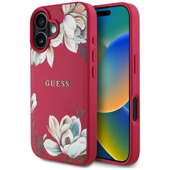 GUESS futerał do IPHONE 16 kompatybilny z MagSafe GUHMP16SPGNMPLMF (PU Grained Flowers Classic Logo) fuksja