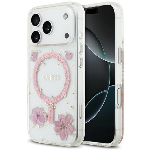GUESS futerał do IPHONE 17 Pro kompatybilny z MagSafe GUHMP17LRBFGFGMP (Resin Flowers and Glitter) różowy