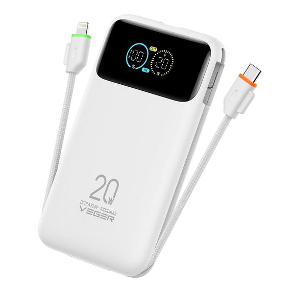 Powerbank Veger Fuerza 10 (W1212B) PD 20W 10000 mAh z wbudowanymi kablami Typ C / Lightning biały