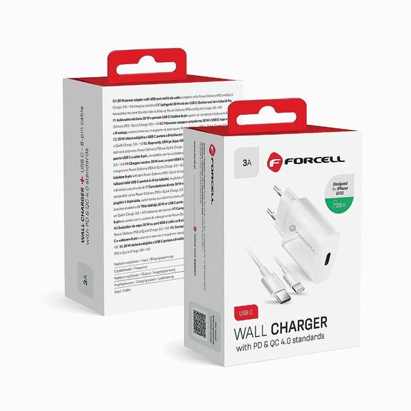 Ładowarka sieciowa do telefonu Forcell F-Energy USB C QC4.0 PD 3A 20W + kabel USB C do Lightning TFK-TC-20WPD biała