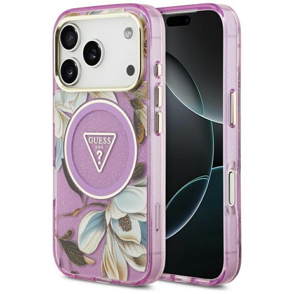 GUESS futerał do IPHONE 17 Pro Max kompatybilny z MagSafe GUHMP17XHFLPEDU (IML Metal Glitter Flowers Triangle) fioletowy