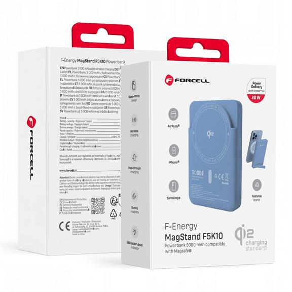 Powerbank zgodny z MagSafe Forcell F-Energy MagStand QI2 F5K10 QC3.0 PD3.0 20W 5000 mAh niebieski 0INT