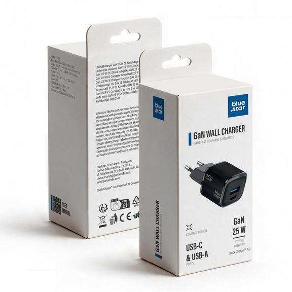 Ładowarka sieciowa do telefonu Blue Star Nano GaN USB C + USB A QC4.0 PD 3A 25W VT-331 czarna