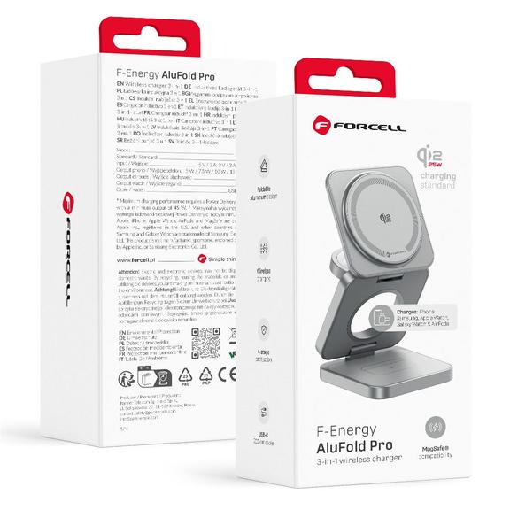 Superszybka ładowarka indukcyjna biurkowa do iPhone i Samsung kompatybilna z MagSafe, Apple Watch, Samsung Watch FORCELL AluFold Pro 3w1 Qi 2.2 25W srebrny 0INT