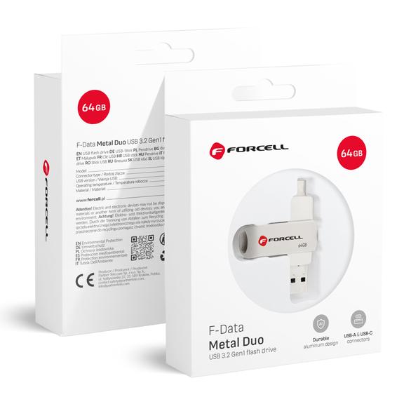 Pendrive 64GB USB 3.2 Gen 1 (USB A / USB C) Forcell F-Data Metal Duo srebrny