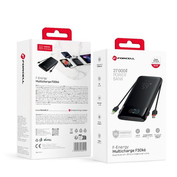 Powerbank Forcell F-Energy Multicharge F30K6 QC PD3.0 3A 65W 27000 mAh z wbudowanymi kablami USB C i Lightning czarny