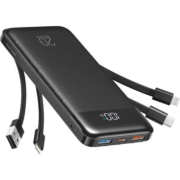 Powerbank 5V 3A 10000 mAh z wbudowanymi kablami USB A / USB C / Lightning / Micro USB Charmast W1148 czarny OINT