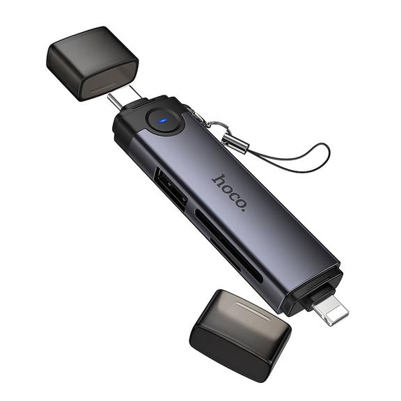 Czytnik kart SD/TF 3.0 + USB 2.0 USB-C/Lightning Hoco HB56B szary