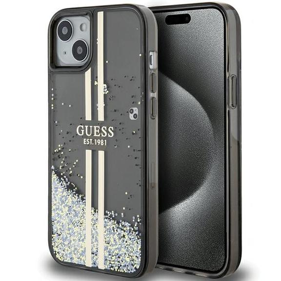 GUESS futerał do IPHONE 15 GUHCP15SLFCSEGK (Liquid Glitter Gold Stripes) czarny