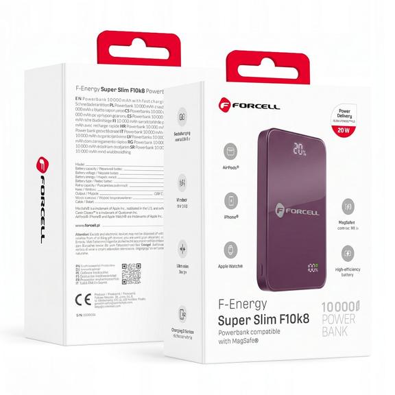 Powerbank zgodny z MagSafe Forcell F-Energy SuperSlim F10K8 QC4.0 PD3.0 15W 10000 mAh wiśniowy 0INT