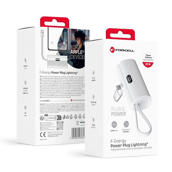 Powerbank Forcell F-Energy Power Plug F5K3 PD 20W 5000 mAh z wbudowanym złączem Lightning biały