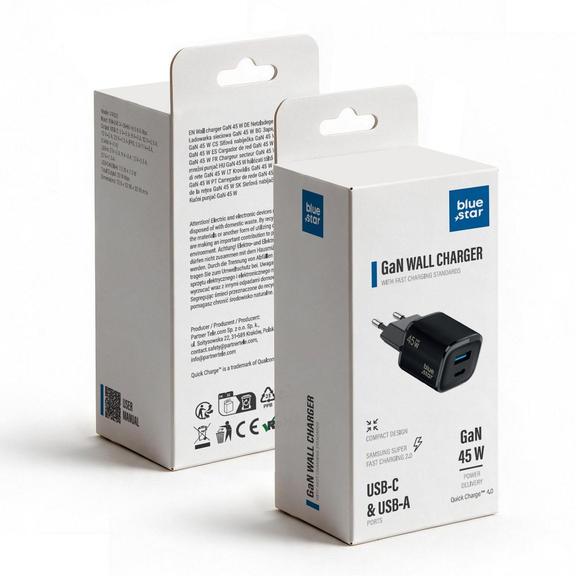 Ładowarka sieciowa do telefonu Blue Star Nano GaN USB C + USB A QC4.0 PD 3A 45W VT-334 czarna