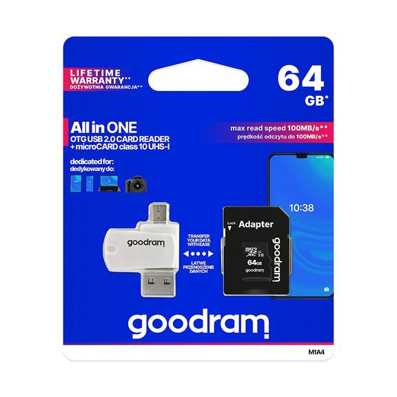 GOODRAM czytnik kart pamięci USB A + Micro USB ALL IN ONE M1A4 + karta microSD 64GB z adapterem