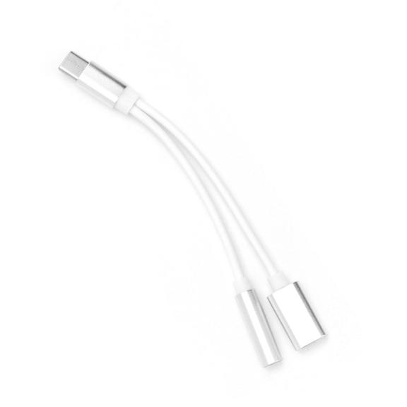 Adapter AUX 2w1 Typ C (męski) do Typ C (żeński) / Jack 3,5 mm (żeński) biały