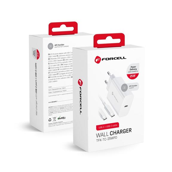 Ładowarka sieciowa do telefonu Forcell F-Energy USB C QC4.0 PD 3A 25W + kabel USB C do USB C TFK-TC-25WPD biała