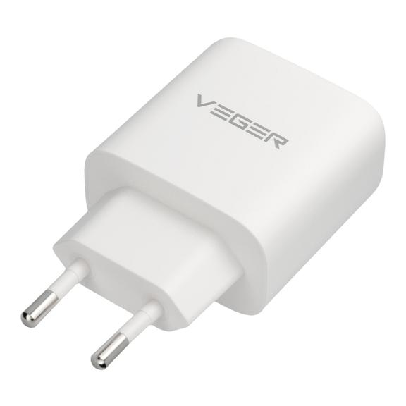 Ładowarka sieciowa do telefonu VEGER USB A + Typ C PD QC3.0 3,25A 65W + kabel USB C do USB C TR67 biała