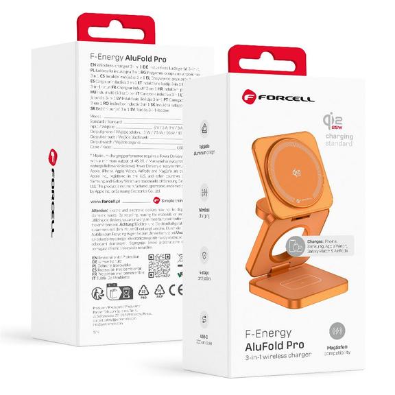 Superszybka ładowarka indukcyjna biurkowa do iPhone i Samsung kompatybilna z MagSafe, Apple Watch, Samsung Watch FORCELL AluFold Pro 3w1 Qi 2.2 25W pomarańczowy 0INT