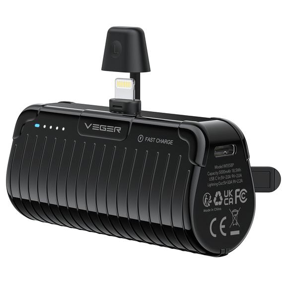 Powerbank Veger PlugOn (W0558P) PD QC3.0 2,4A 20W 5000 mAh z wbudowanym złączem Lightning czarny 0INT