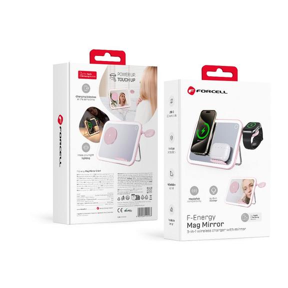 Forcell F-ENERGY Mag Mirror 3 in 1 15W ładowarka indukcyjna z kompatybilna z MagSafe / Apple Watch / Samsung Watch / Airpods różowa