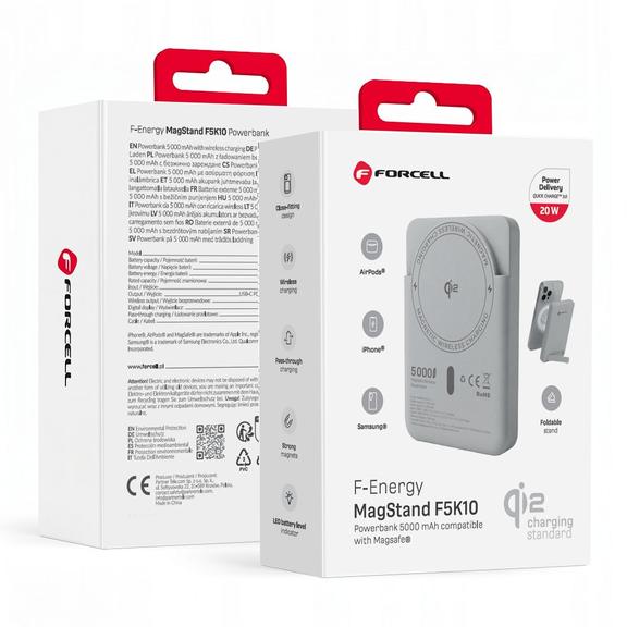 Powerbank zgodny z MagSafe Forcell F-Energy MagStand QI2 F5K10 QC3.0 PD3.0 20W 5000 mAh biały 0INT
