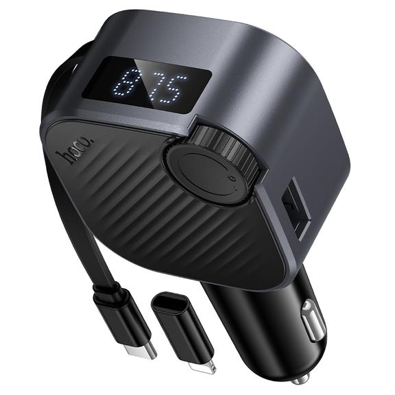 Ładowarka samochodowa Hoco USB A + USB C QC3.0 PD 45W ze zwijanym kablem i transmiterem FM E167 czarny