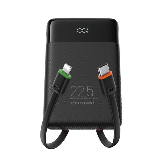 Powerbank PD3.0 3A 22,5W 10000 mAh z wbudowanymi kablami USB C / Lightning Charmast W1202 czarny 0INT