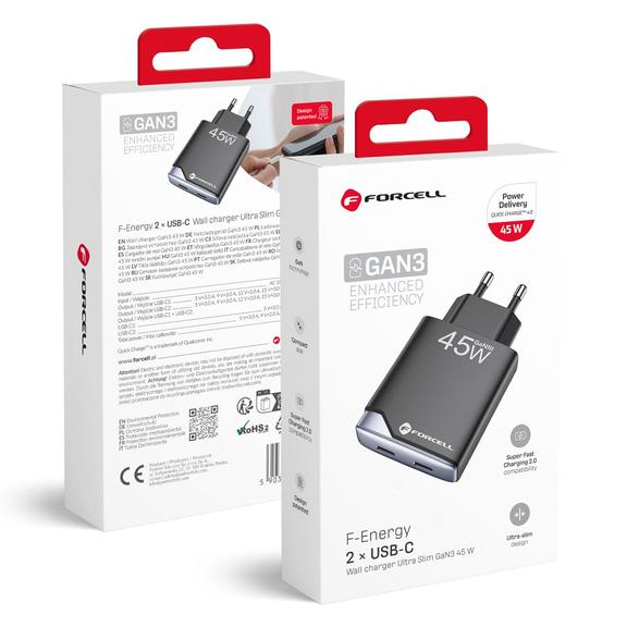 Ładowarka sieciowa do telefonu Forcell F-Energy Ultra Slim GaN III 2 x USB C PD QC4.0 3A 45W B245201(2C) czarna