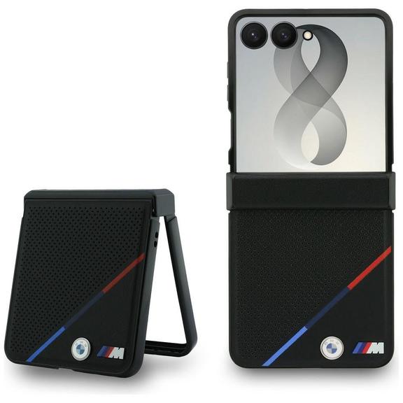 BMW futerał do SAMSUNG GALAXY Z FLIP 8 kompatybilny z MagSafe (Leather Perforated Tricolor Stripe Metal Logos) czarny