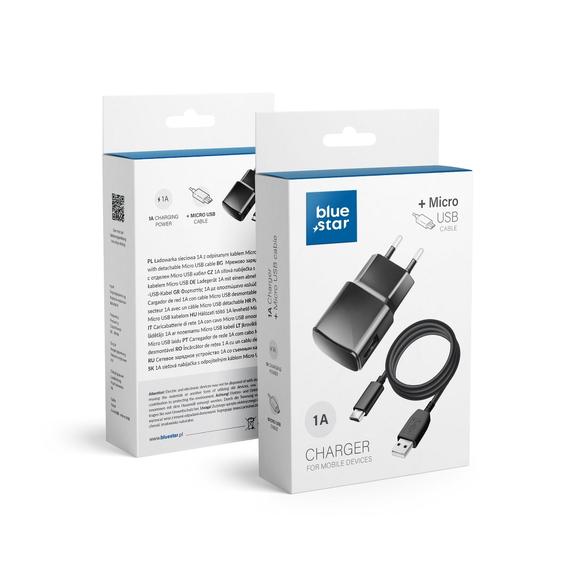 Ładowarka sieciowa do telefonu Blue Star USB A 1A 5W + kabel USB A do Micro USB TFK-TC-1100B czarna