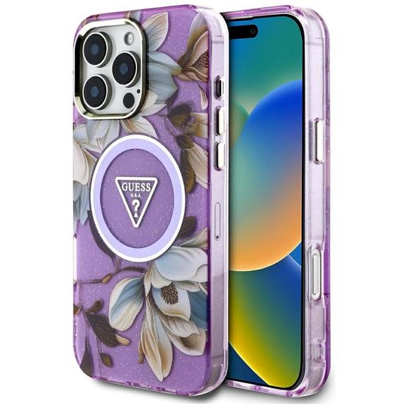 GUESS futerał do IPHONE 16 Pro kompatybyliny z MagSafe GUHMP16LHFLPEDU (IML Metal Glitter Flowers Triangle) fioletowy