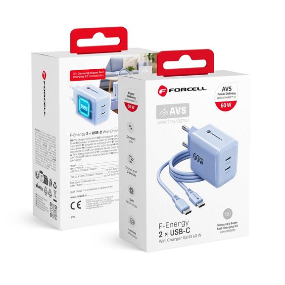 Ładowarka sieciowa do telefonu Forcell F-Energy GaN III Crystal Color 2x USB C AVS SSFC3.0 60W + kabel USB C do USB C VT-60 niebieska 0INT