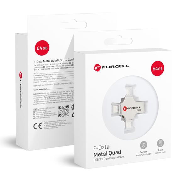Pendrive 64GB USB 3.2 Gen 1 (USB A / USB C / Lightning / Micro USB) Forcell F-Data Metal Quad srebrny