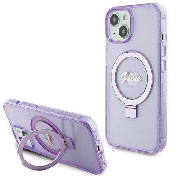 GUESS futerał do IPHONE 15 kompatybilny z MagSafe GUHMP15SHRSGSU (Glitter Script Logo Ring stand) fioletowy