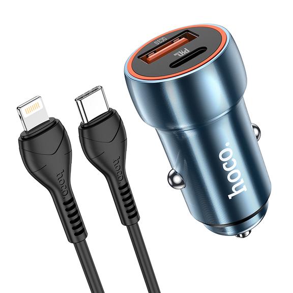 Ładowarka samochodowa Hoco USB A + USB C QC3.0 PD 3A 20W + kabel USB C do Lightning Z46A niebieska