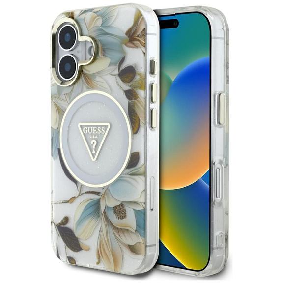 GUESS futerał do IPHONE 16 kompatybyliny z MagSafe GUHMP16SHFLPEDH (IML Metal Glitter Flowers Triangle) biały