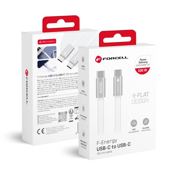 Kabel USB C do USB C Forcell F-Energy QC4.0 PD 5A 100W Cafule Flat 1,2 m CCFN23 biały