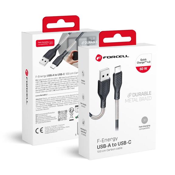 Kabel USB A do USB C Forcell F-Energy QC4.0 5A 60W Carbon 1 m CB-02A czarny