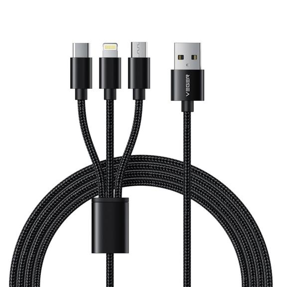 Kabel 3w1 USB A do Lightning / Typ C / Micro USB VEGER 2,4A 18W V303 1,5 m czarny