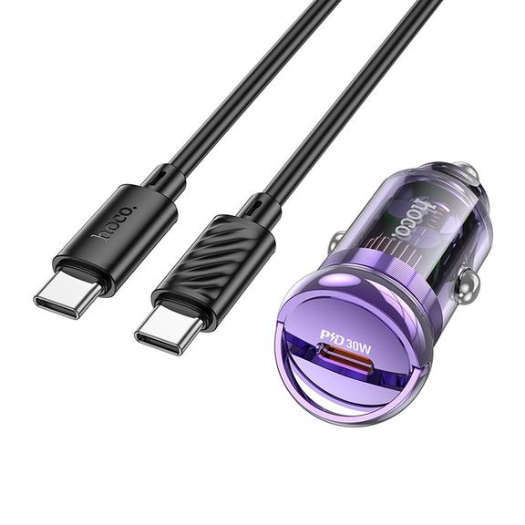 Ładowarka samochodowa Hoco USB C + kabel USB C do USB C QC3.0 PD 30W Z53 fioletowa