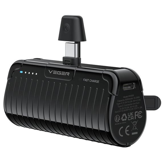 Powerbank Veger PlugOn (W0558) PD QC3.0 3A 20W 5000 mAh z wbudowanym złączem Typ C czarny 0INT