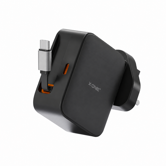 Ładowarka sieciowa X-ONE ChargeGo GaN 65W ze zwijanym kablem USB C i portem typ C - czarna