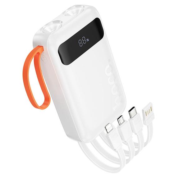 Powerbank Hoco 10000 mAh 2A z wbudowanymi kablami USB A + USB C + Lightning + Micro USB oraz podwójną latarką J151 biały