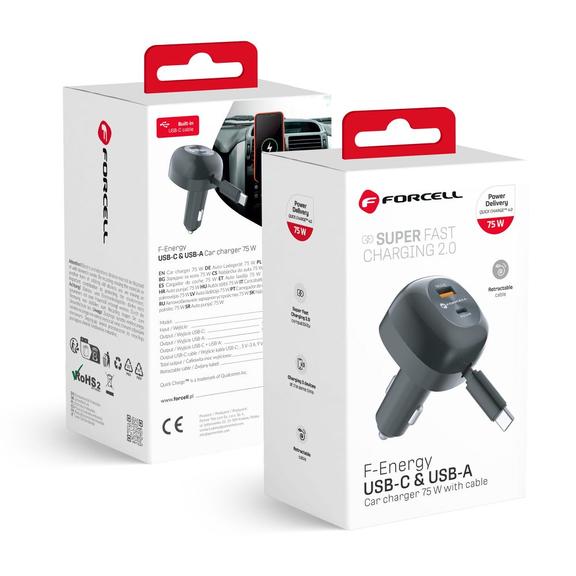 Ładowarka samochodowa Forcell F-Energy Alu USB C + USB A + zwijany kabel USB C PD QC4.0 SFC2.0 3A 75W czarna