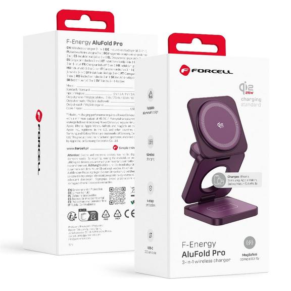 Superszybka ładowarka indukcyjna biurkowa do iPhone i Samsung kompatybilna z MagSafe, Apple Watch, Samsung Watch FORCELL AluFold Pro 3w1 Qi 2.2 25W burgundowy 0INT