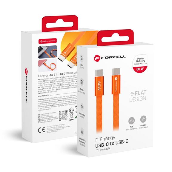 Kabel USB C do USB C Forcell F-Energy QC4.0 PD 3A 60W Cafule Flat 1,2 m CCFN23 pomarańczowy