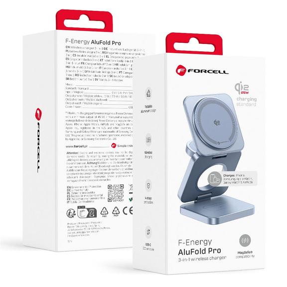 Superszybka ładowarka indukcyjna biurkowa do iPhone i Samsung kompatybilna z MagSafe, Apple Watch, Samsung Watch FORCELL AluFold Pro 3w1 Qi 2.2 25W jasny niebieski 0INT