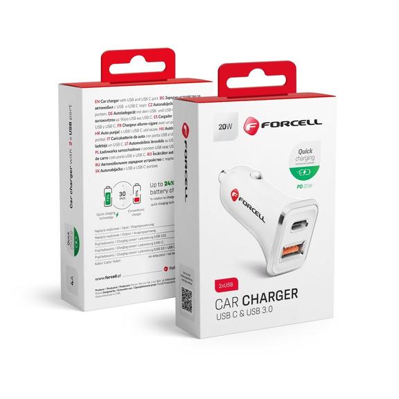 FORCELL ładowarka samochodowa USB 3.0 + USB C Quick Charging + Power Delivery PD20W 4A CC-QCPD01 biała