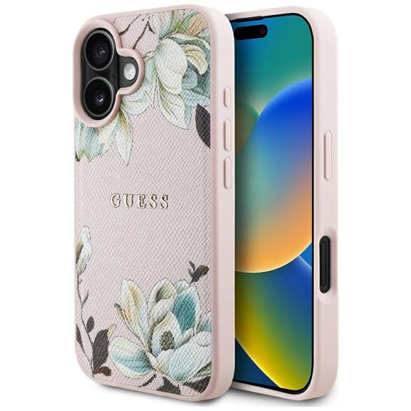 GUESS futerał do IPHONE 16 kompatybilny z MagSafe GUHMP16SPGNMPLMP (PU Grained Flowers Classic Logo) różowy