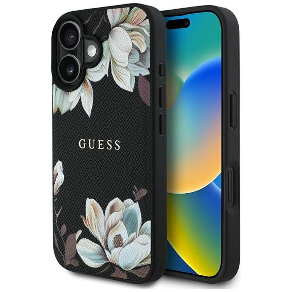 GUESS futerał do IPHONE 16 kompatybilny z MagSafe GUHMP16SPGNMPLMK (PU Grained Flowers Classic Logo) czarny