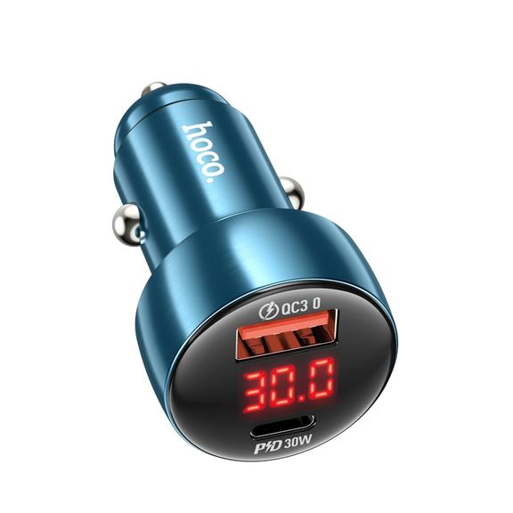 Ładowarka samochodowa Hoco USB A + USB C QC3.0 PD 3A 48W z wyświetlaczem Z50 niebieska